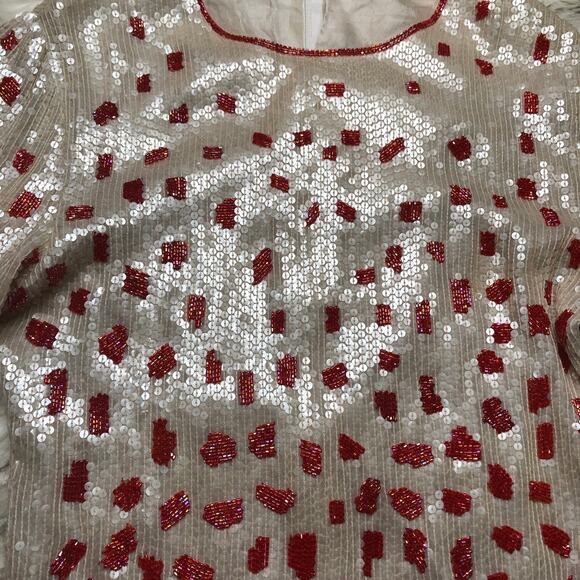 Vintage 100% Silk White & Red Fully Sequin & Beaded Shirt Top - Picture 5 of 16